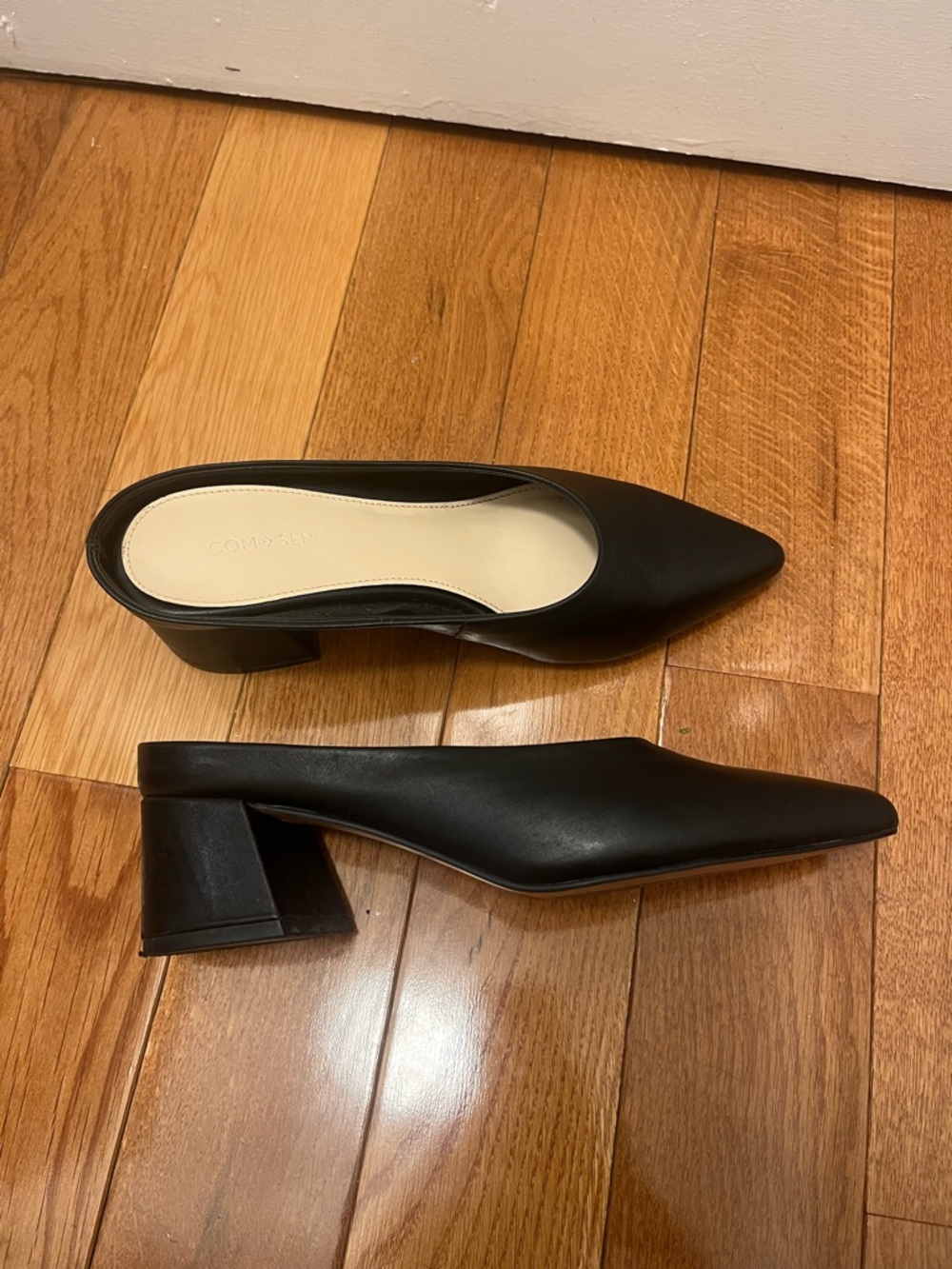 Black Leather Pointed Low Block Heel Mules